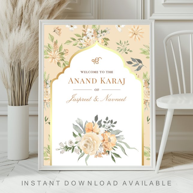 Peach Floral Anand Karaj Sikh Wedding Welcome Sign (Creator Uploaded)