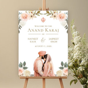 Peach Floral Anand Karaj Sikh Wedding Welcome Sign