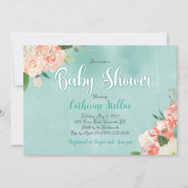 Peach floral and Teal Baby shower invitation (Front)