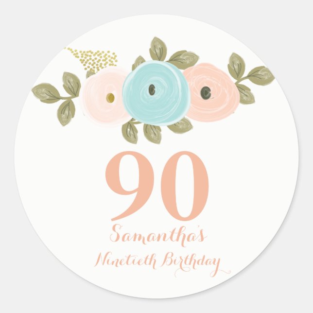 Peach Floral Aquarelle Sticker 90e Anniversaire (Devant)