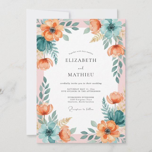 Peach Floral Arch Flourish Wedding Invitation (Front)
