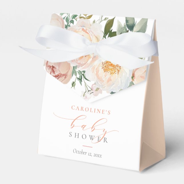 Peach Floral Baby In Bloom Girl Baby Shower Favor Box (Front Side)