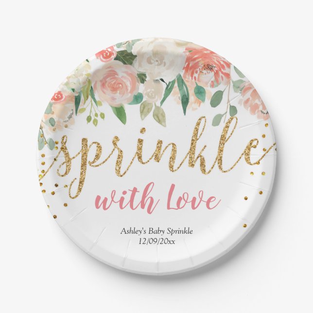 Peach Floral Baby Sprinkle Paper Party Plates (Front)