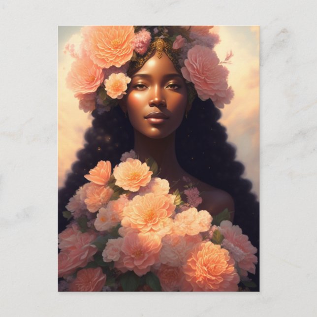 Peach Floral Black Woman Angelic Bloomcore Postcard (Front)