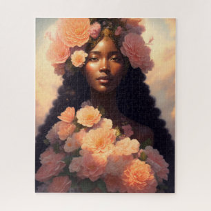Peach Floral Black Woman Jigsaw Puzzle