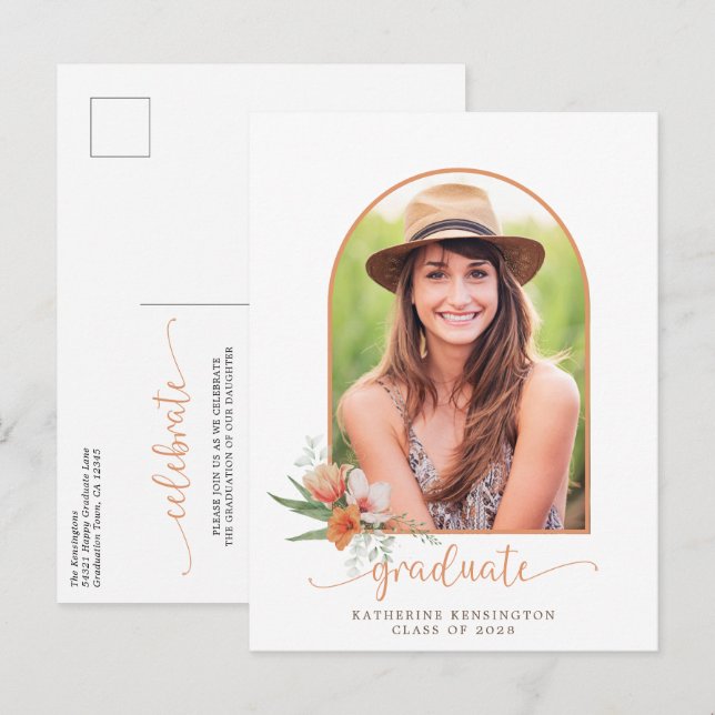 Peach Floral Boho Arch Photo Graduation Party Announcement Postcard (Front/Back)