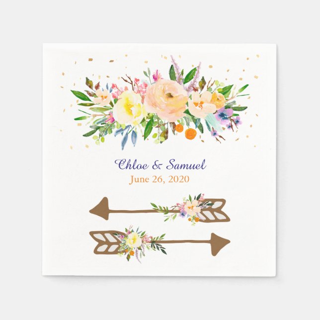 Peach Floral Bouquet Wedding Napkin (Front)