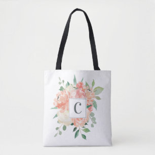 Peach Floral Bouquet with Any Monogram Tote Bag