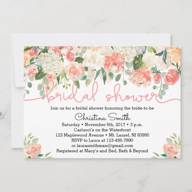 Peach Floral Bridal Shower Invitations (Front)