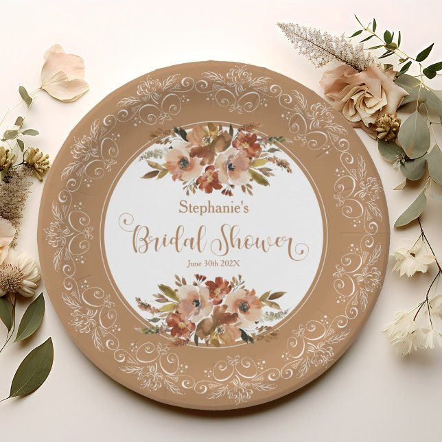 Peach Floral Bridal Shower Nut Shell Brown Paper Plate (Peach Watercolor Floral Bridal Shower Nut Brown Paper Plates)