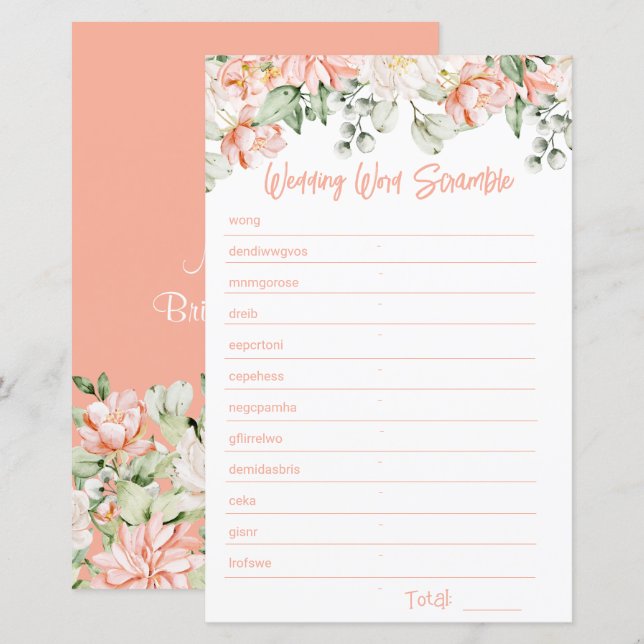 Peach Floral Bridal Shower Word Scramble Game Card (Front/Back)