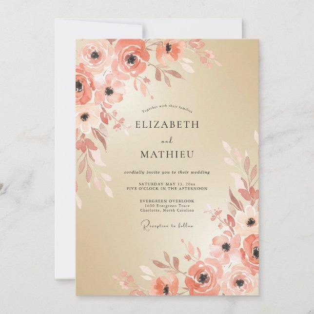 Peach Floral Brushstroke Romance Wedding Invitation (Front)