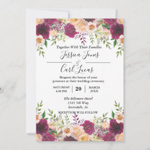 Peach Floral Burgundy Watercolor Autumn Invitation