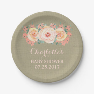 Peach Floral Burlap Baby Shower Plate