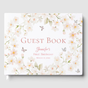 Peach Floral Butterfly Girl First Birthday Guest Book
