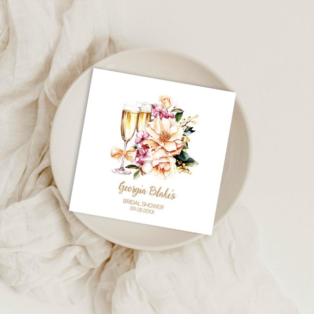 Peach Floral Champagne Glass Bridal Shower Napkin (Creator Uploaded)