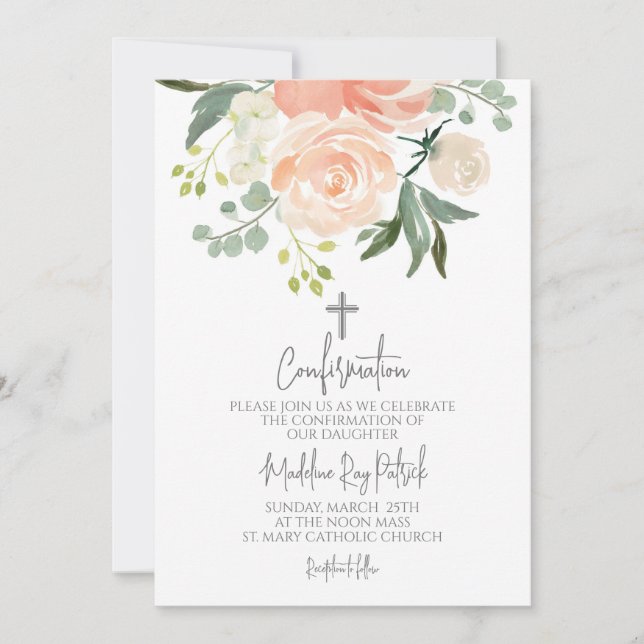 Peach Floral Confirmation  Invitation (Front)
