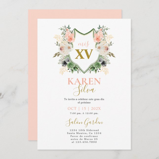 Peach floral Crest Quinceanera Invitation (Front/Back)