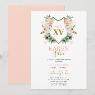Peach floral Crest Quinceanera Invitation