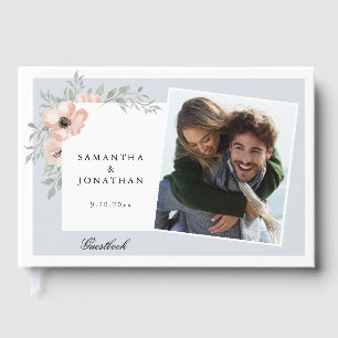 Peach Floral Dusty Blue 2 Photos Wedding Guest Book