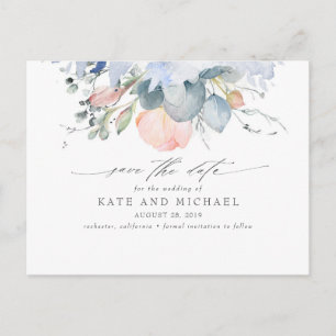 Peach Floral Dusty Blue Boho Save the Date Postcard