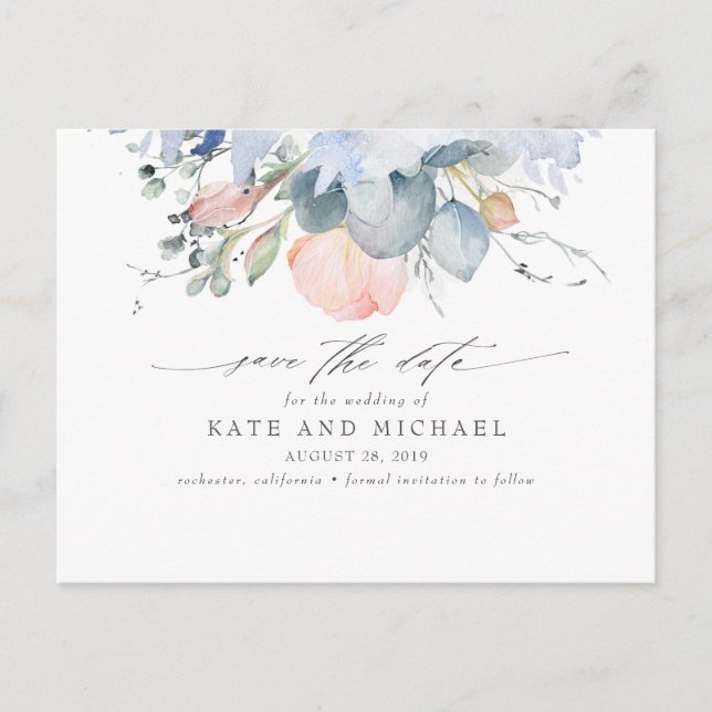 Peach Floral Dusty Blue Boho Save the Date Postcard (Front)