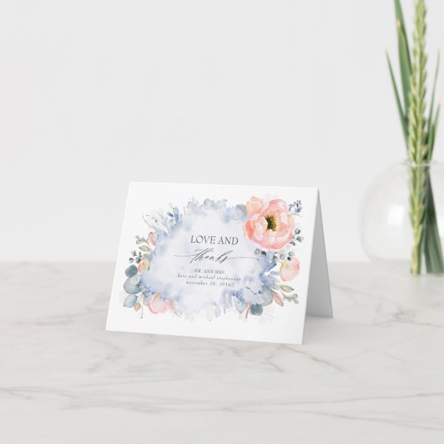 Peach Floral Elegant Dusty Blue Wedding Thank You (Front)