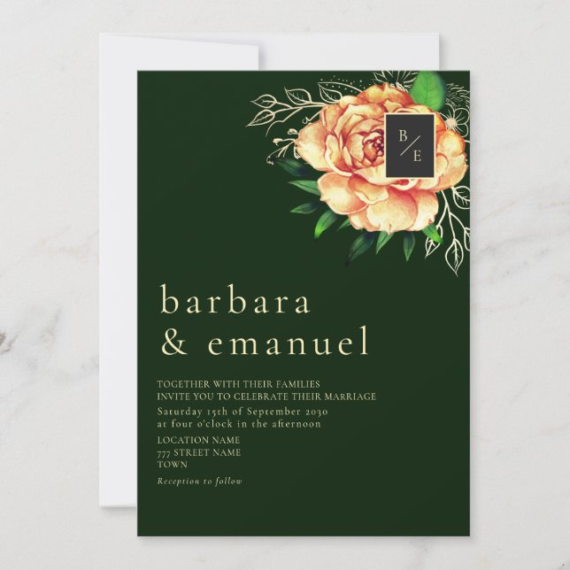 Peach Floral Emerald Green Wedding Invitation (Front)