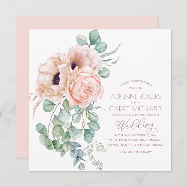 Peach Floral & Eucalyptus Greenery Wedding Invitation (Front/Back)