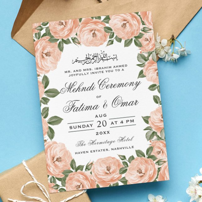 Peach Floral Frame Islamic Henna Mehndi Ceremony Invitation (Creator Uploaded)