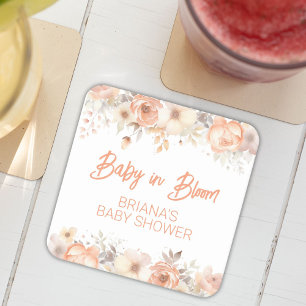 Peach Floral Gender Neutral Baby Shower Square Paper Coaster
