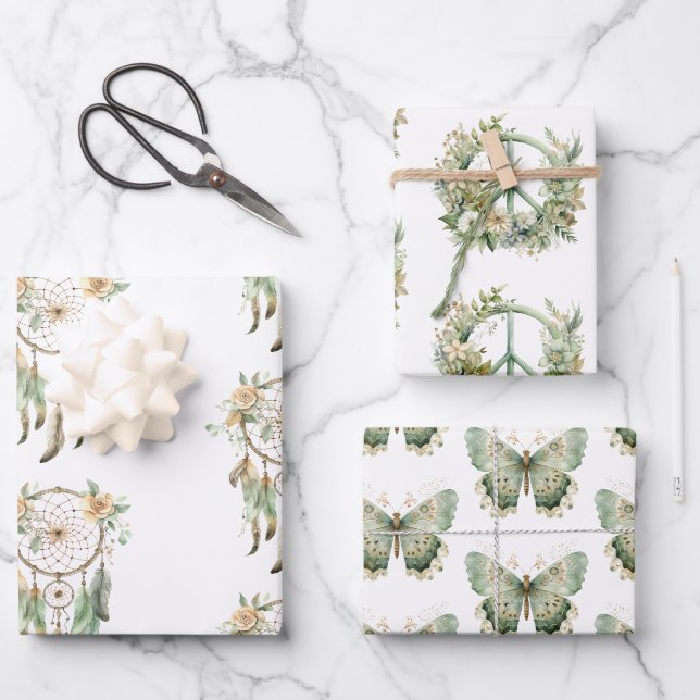 Peach Floral Green Dream Catcher Birthday  Wrapping Paper Sheet (Front)