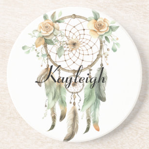 Peach Floral Green Dream Catcher   Coaster