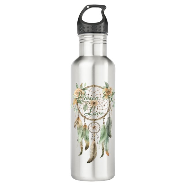 Peach Floral Green Dream Catcher Peace 710 Ml Water Bottle (Front)