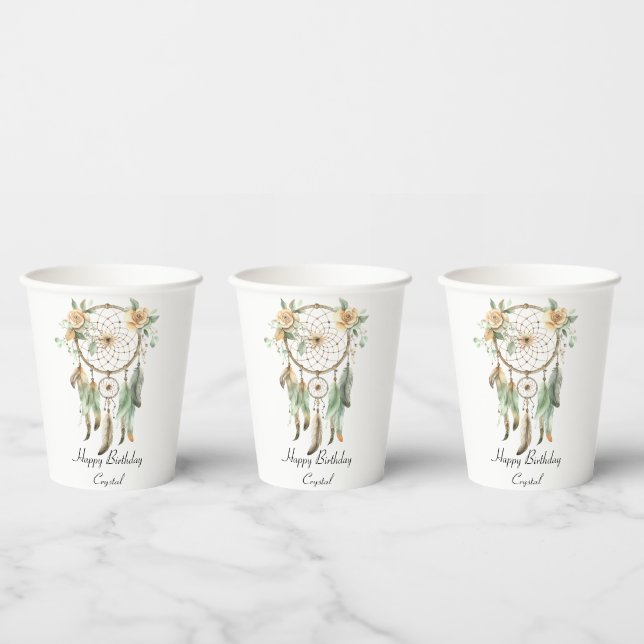 Peach Floral Green Feathers Dream Catcher Birthday Paper Cups (Multi)