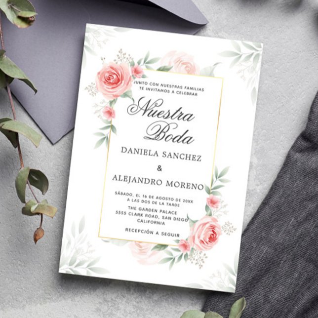 Peach Floral Greenery Nuestra Boda Spanish Wedding Invitation (Creator Uploaded)