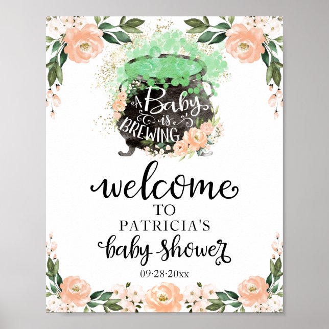 Peach Floral Halloween Baby Shower Welcome Sign  (Front)