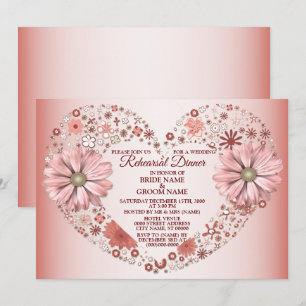 Peach Floral Heart Modern Wedding Rehearsal Dinner Invitation