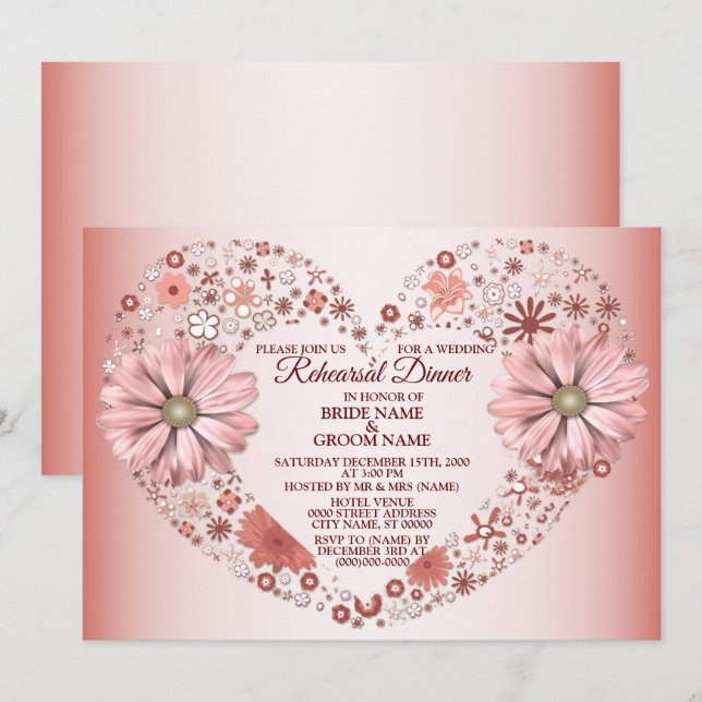 Peach Floral Heart Modern Wedding Rehearsal Dinner Invitation (Front/Back)