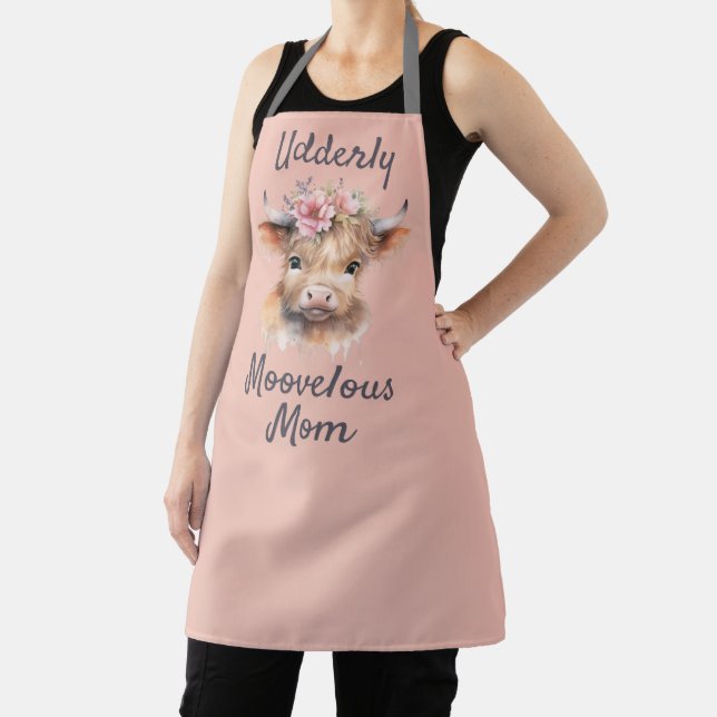 Peach floral highland cow watercolor  apron (Insitu)