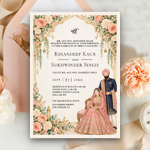 Peach Floral Ivory Arch Sikh Wedding Invitation