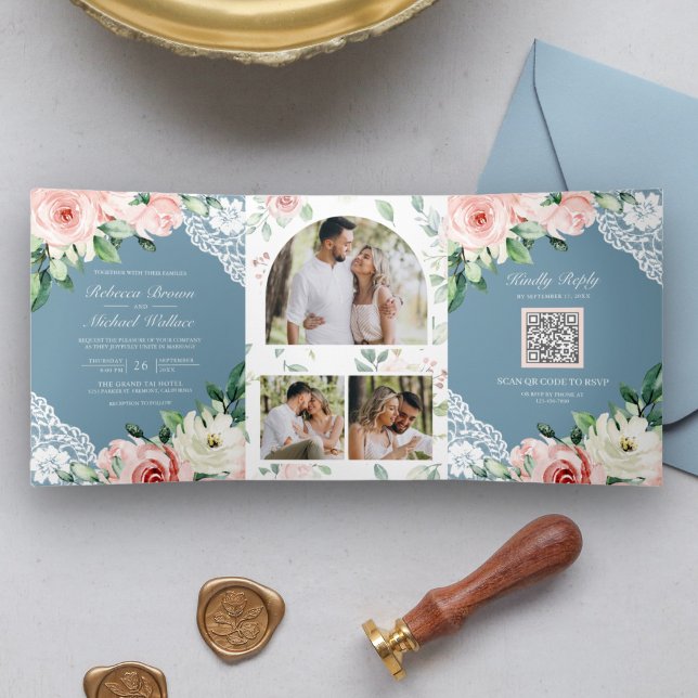 Peach Floral Lace Dusty Blue QR Code Wedding Tri-Fold Invitation (Creator Uploaded)