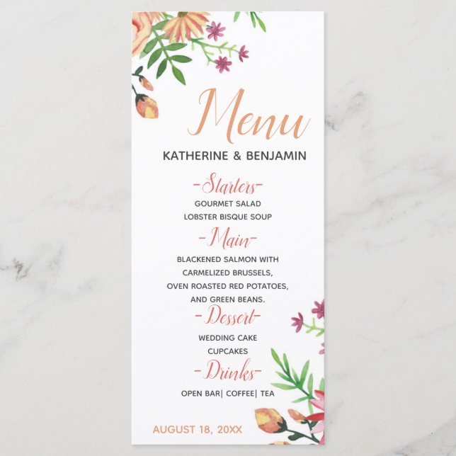 Peach Floral Modern Wedding Menu (Front)