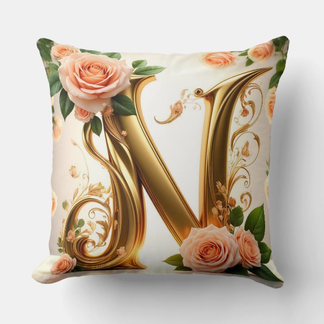 🌷 Peach Floral Monogram N Decor 🌼 Throw Pillow (Front)