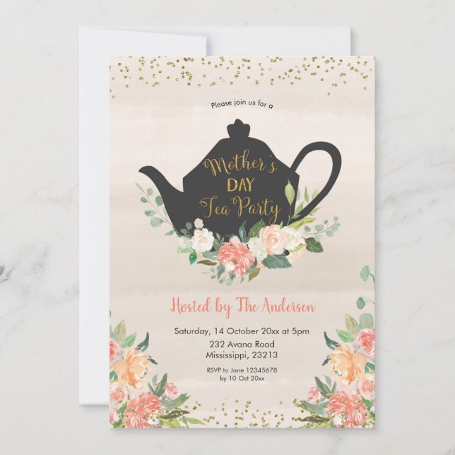 Peach Floral Mother's Day Tea Invitation (Front)