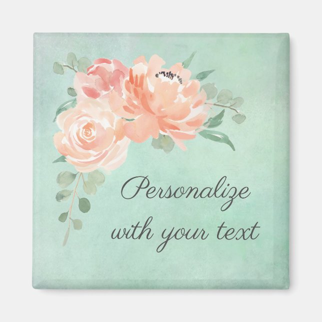 Peach Floral on Aqua Background with Your Text Magnet (Front)