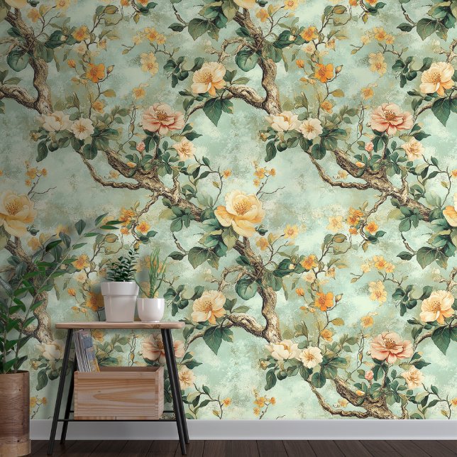 Peach Floral on Green Background Chinoiserie Style Wallpaper (Creator Uploaded)