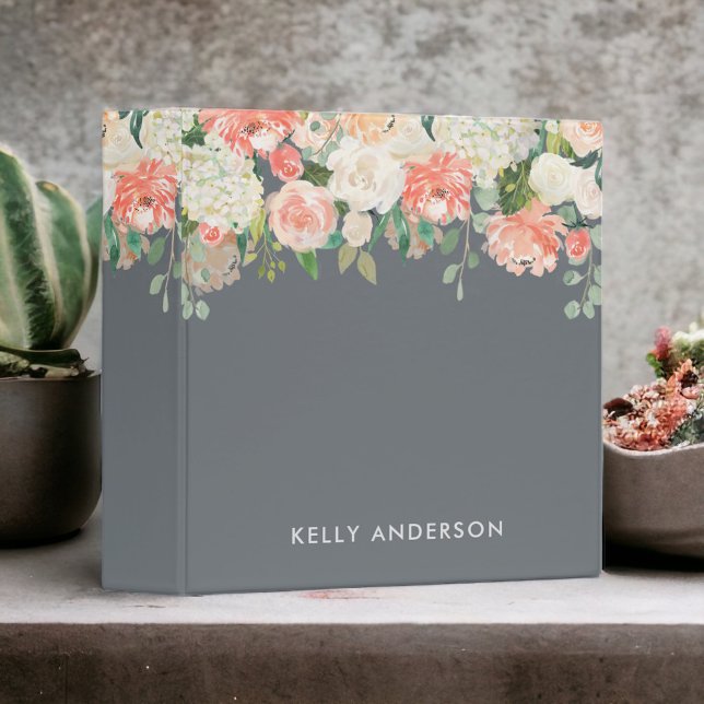 Peach Floral on Grey Background with Your Name Binder (Elegant and feminine, this custom floral 3-ring binder can be personalized with your text.)