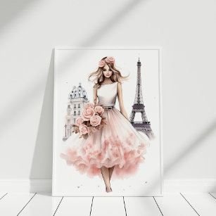 Peach Floral Paris Fashion Portrait Poster
