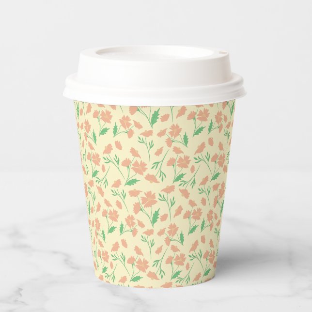 Peach Floral pattern on light yellow background Paper Cups (Front)